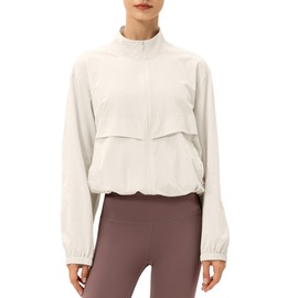 Gacaky Women's Athletic Workout Running Track Full Zip Cropped Jackets UPF 50+ Sun Protection Stand Collar Gym Shirts Beige S