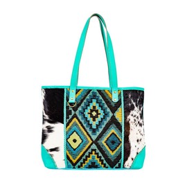 Myra Bag Tote Bag for Women - Western Upcycled Canvas Hairon and Leather Shoulder Bag Turquoise, S-8900