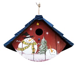 Decorative Bird House with Christmas Snowman Santa Pattern Hand-Painted Wood Bird House Small Hanging Birdhouse Chickadee Wren House Nest 7" H (Blue)