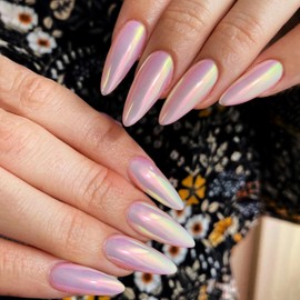 Qsnidy Chrome Press On Nails Almond, Glazed Iridescent Pink Glue on Nails Medium Press Ons, Acrylic Natural Fit Stick on Nails in 12 Sizes - 24Pcs Fake Nail Kit for Women Daily & Party Wear