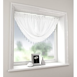 Plain White Swag Millie Pelmet Swag Beaded Heart Bead Valance Drapes Voile Net Window Decor
