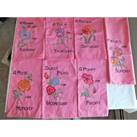 Kitchen 7 Days of week FLOWER HAND TOWELS Kitchen PINK cotton hand embroidered vintage