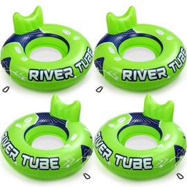 Sonwyoung 4 Pcs 53" Heavy Duty Inflatable River Tube Inflatable Pool Float Large Water Tube Green Float River Adult Float Raft Lounger with Mesh Bottom Backrest 2 Cup Holders and Handles,Holds 300lb