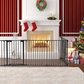 PETSITE 142" Extra Wide Pet Gate & Dog Playpen, Foldable Dog Fence with Walk-Through Door, Dog Barriers for Home, House, Stairs, Fireplace (Black)