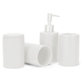 NAT & Jules Chic Modern Rounded 4.5 inch Ceramic Bathroom Accessories Set of 4 - Home Décor & Organization Perfect for Bath or Kitchen Household Essentials, Matte White
