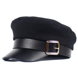 QUUPY Black Metal Buckle Breton Fiddler Cap Vintage British Flat Top Fisherman Hat Newsboy Hat Visor Beret Cap Paperboy Gatsby Hat