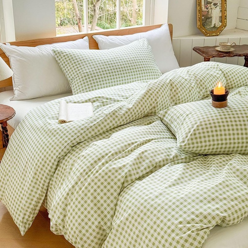 Sage Green Gingham Cotton Weighted Blanket Cover 48"x72", Checked Plaid