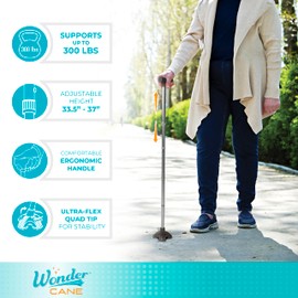 Stander Wonder Cane, Foldable Walking-Cane for Stability, Collapsible Free-Standing Walking-Stick with Adjustable Handle, Lightweight Quad-Cane for Men, Women, Seniors and Elderly, Black Walnut