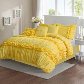 Homechoice Decor 7 Pieces Elegant French Country Bed in a Bag, Bright Yellow Handmade Bow Tie Fluffy Bed Comforter with Down Alternative Filling, Vintage Ruched Bed Sets for Bedroom, King (LQ-33)