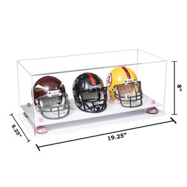 Better Display Cases Acrylic Three Mini - Miniature Football Helmets (not Full Size) Display Case with Clear Case, Pink Risers and White Base 19.25" x 8.25" x 8" (V47/A103)