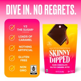 SkinnyDipped Dark Chocolate Salted Caramel Bites, 2g Sugar per Piece, Keto Friendly, Low Calorie Gluten Free, 4 Pack