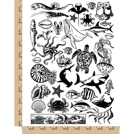 Fish Whales Ocean Sea Marine Life Temporary Tattoo Water Resistant Fake Body Art Set Collection - Black (One Sheet)