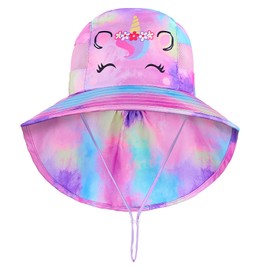 MHJY Kids Sun Hat Girls UV Protection Summer Hats Adjustable Beach Cap Unicorn Bucket Hats with Wide Brim Neck Flap for Toddlers 2-9 Years