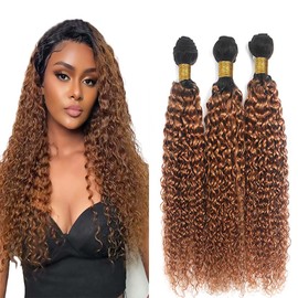 Niciitysi Color 1B30 Human Hair Light Brown Curly Wave Bundles 8 10 12 inch Ombre Two Tone Black and Brown Kinkycurly Bundles Double Weft Brazilian Hair Extensions Silky and Soft