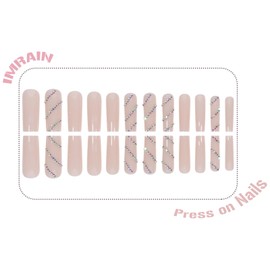 IMRAIN Rhinestone Press on Nails Long Square Fake Nails Nude Glossy Glue on Nails Full Cover Sparkling Squoval Acrylic False Nails for Women 24Pcs Natural Artificial Nails Press ons