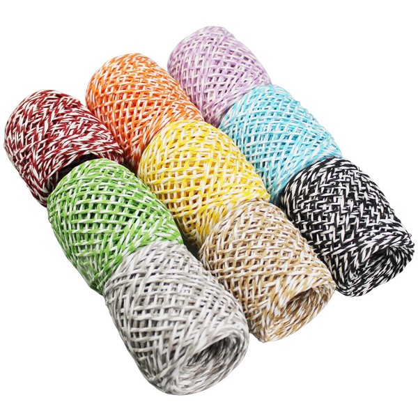 9 Rolls Multi-Colored Raffia Paper Twine String Ribbon for Gift Wrapping Box Packing, Artworks, DIY Crafts, Party Favor and Embellishments