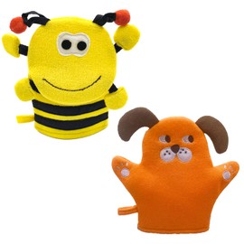 Miaija 2Pieces Bath Mitt Cute Bee Bear Shower Bathing Mitt Animal Soft Body Scrubbing Gloves Cartoon Hand Puppet Gloves for Infant Toddler Exfoliating
