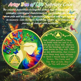 Artsy Five Year Sobriety Coin - Colorful Butterfly Tree of Life AA Coins - Recovery Addiction NA AA Chips and Medallions - 1-20 Years Clean Narcotics Alcoholics Anonymous Gifts for Men Women