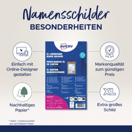 AVERY Zweckform 4839XL Name Badges for Clothing Pack of 50 (148 x 105 mm, A6 Name Plate Pockets Including 52 Blank Inserts, Card ID Sleeves Printable), White