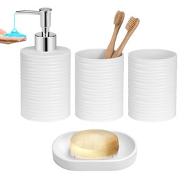 UHEY HOME Plastic Bathroom Accessories Set 4Pcs, White Bathroom Accessory Set Includes Liquid Soap Dispenser, 2Pcs Bathroom Cup, Soap Dish for Modern Home Apartment