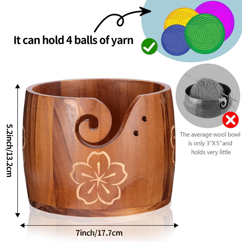 ZLOTOTEC Yarn Bowl Large Size 5''x7'' Pine Wood Unique Design