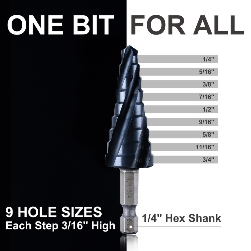 GRENPRO Titanium Four Spiral Flute Cobalt Step Drill Bits,1/4"-3/4" Impact