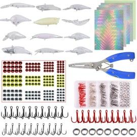 DIY Unpainted Crankbaits Blank Fishing Minnow Lure Kit with Fishing Pliers Scissors, Treble Hooks Split Rings Eye Stickers, Fishing Lure Sticker 3D Eyes DIY Fishing Tackle (321PCS)