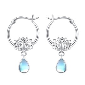 AOVEAO Turquoise Lotus Earrings 925 Sterling Silver Lotus Flower Huggie Hoop Earrings, Dainty Boho Bohemian Lotus with Turquoise Jewelry Birthday Gifts for Girls Women Mom, Sterling Silver, Moonstone