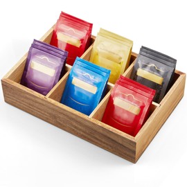 DRASTAR Tea Bag Organizer, Acacia Wooden Tea Bag Holder, Tea Storage Containers with 6 Slots, Sugar Packet Holder, Tea Bag Caddy Box for Countertop