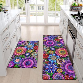 Likiyol Boho Kitchen Rugs, Boho Floral Anti Fatigue Kitchen Mat for Floor, Bohemian Flowers Non Slip Washable Kitchen Floor Mats, Comfort Standing Mat, 18'' x 30''+18''x48'', Floral
