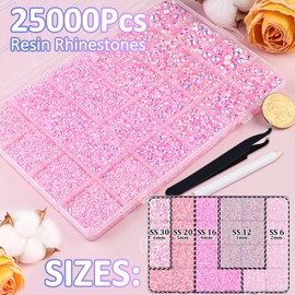 25000Pcs Resin Jelly Rhinestones with Tweezers for Crafting, Light Pink AB Flatback Gems, Bedazzling Crystal with 3Pcs 10ml B7000 Jewelry Glue for DIY Crafts Clothing Tumblers Shoes Fabric Nail Art