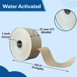 Klick Industrial 3'' x 450 Feet Reinforced Water Activated Gummed Kraft Paper Tape, for Standard-Duty 30 lbs Break Strength, Secure Packing Shipping, Tamper Evident Gummed Tape, Brown - 1 Roll