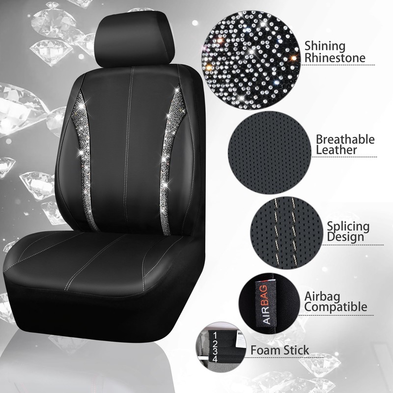 CAR PASS Leather Bling Diamond Car Seat Covers Front &