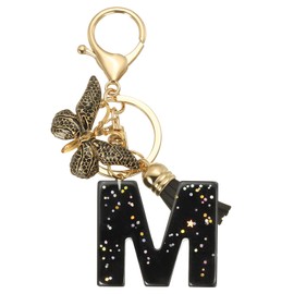 PATIKIL Alphabet Initial Letter Keychain, Resin Cute Keychains with Tassel Butterfly Letter M Pendant Charm for Women Key Purse Handbag Bag Accessories, Black