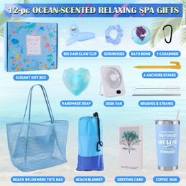 Vacation Essentials Ocean Relaxing Gifts Baskets with Beach Waterproof Blanket, Mesh Tote Bags, Portable USB Desk Fan for Women Friends Sister Wife Her, Accessories for TravelCampingHikingPicnic