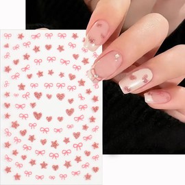 Glitter Heart Star Bows Nail Stickers for Nail Art - 3D Self-Adhesive Shiny Silver Pink Heart Star Bows Nail Design Decals Nail Tips Nail Art Decoration for Acrylic Natural Nails DIY Supplies 6 Sheets