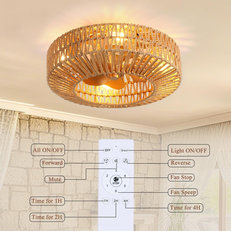 Bewishing 20'' Boho Gold-Colored Rattan Fandelier with Light & Remote
