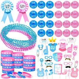 Winrayk 104Pcs Baby Gender Reveal Party Supplies Favors Boy or Girl Gender Reveal Ideas Badge Pin Button Pin Silicone Bracelet Photo Prop Necklace Baby Shower Pink and Blue Decor Games