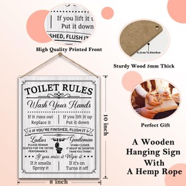 Toilet Rules Sign Bathroom Wall Decor, New Home Gifts Housewarming Gifts for Women Men, Wooden Sign With Rope, Wood Hanging Sign for Restroom Toilet Farmhouse Door Decorations -33