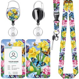 Anseal Spring Flower Lanyards for Id Badges, Retractable Badge Holders with Keychain, Funny Id Card Holder Vertical ID Protector Clips for Women Nurse Teacher Student
