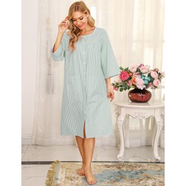 Bloggerlove Dusters House Coat for Women 3/4 Sleeve Mumu Nightgown Cotton House Dress Snap Front House Robe Stripe Patio Dress Green XL