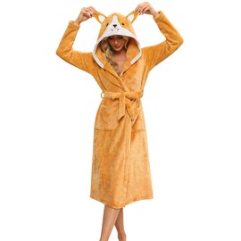 Ekouaer Women's Robe Cute Animal Bathrobes Full Length Soft House Coat with Hood for Adult Yellow Corgi M