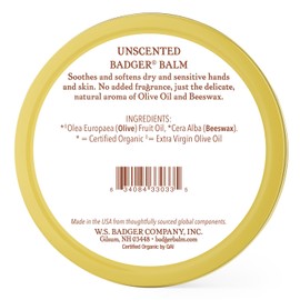 Badger Balm Unscented, 100% Organic Olive Oil & Beeswax, Fragrance Free Hand Cream, Long Lasting Sensitive Skin Moisturizer, 2 oz Tin