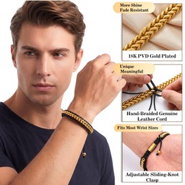 WP WEPICK Mens Bracelet Leather 18K Gold Plated Stainless Steel Cuff Adjustable Handwoven Braided Leather Bracelets for Men Franco Chain Link Jewelry Gift for Husband Dad