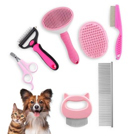 BKRMART Pet Grooming Brush Set 7 In 1 Self Cleaning Slicker Brush, Flea Combo, Dog Bath Brush & Double Sided Undercoat Rake Brush With Pet Grooming Kit Hair Massaging Shell Comb For Cats And Dogs