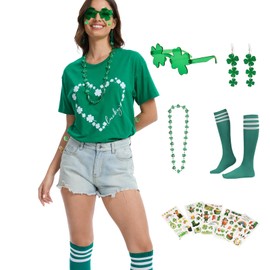 St Patricks Day Shirt Women Green Shamrock Lucky Clover Tee Funny Outfits Costume Earrings Necklace Glasses Socks Tattoos Accessories Set Heart Set S