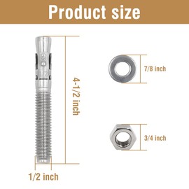 Napredak 1/2" x4-1/2 Wedge Anchor for Concrete and Cement, Stainless Steel Screw Bolt Expansion Fastener for Industrial, Heavy Duty Wall Anchor, 8 pcs