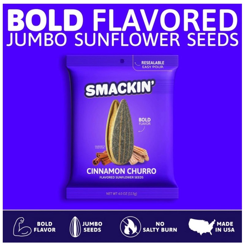 Smackin’ Cinnamon Churro Sunflower Seeds 4 oz / BB: 07/2026