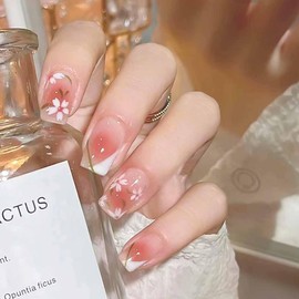 RikView Square Press on Nails Medium Fake Nails Pink Nails with Flowers Design Glossy Nails for Women 24 PCs/Set