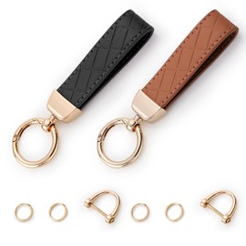 Handlive 2 Pack Leather Keychains, Car Key chains for women men, Key Fob Holder with Keyrings, Anti-Lost D-Ring (Black Gold and Brown Gold)